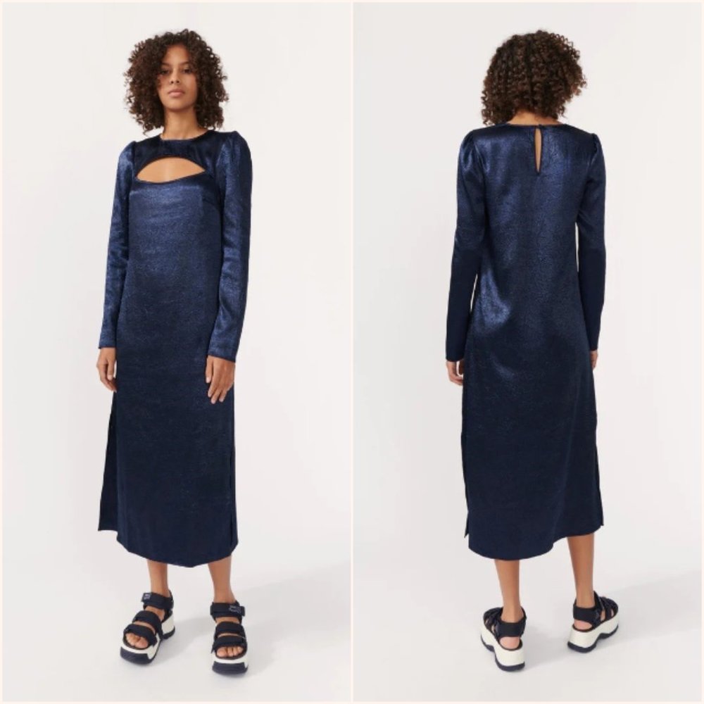 Baum Und Pferdgarten Aneto Crinkle Satin Cutout Long Sleeve Midi Dress Navy 4